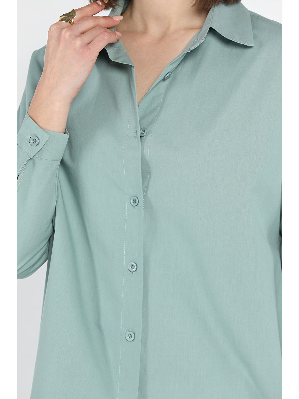 Yeşil Kadın Salaş Basic Gömlek-3