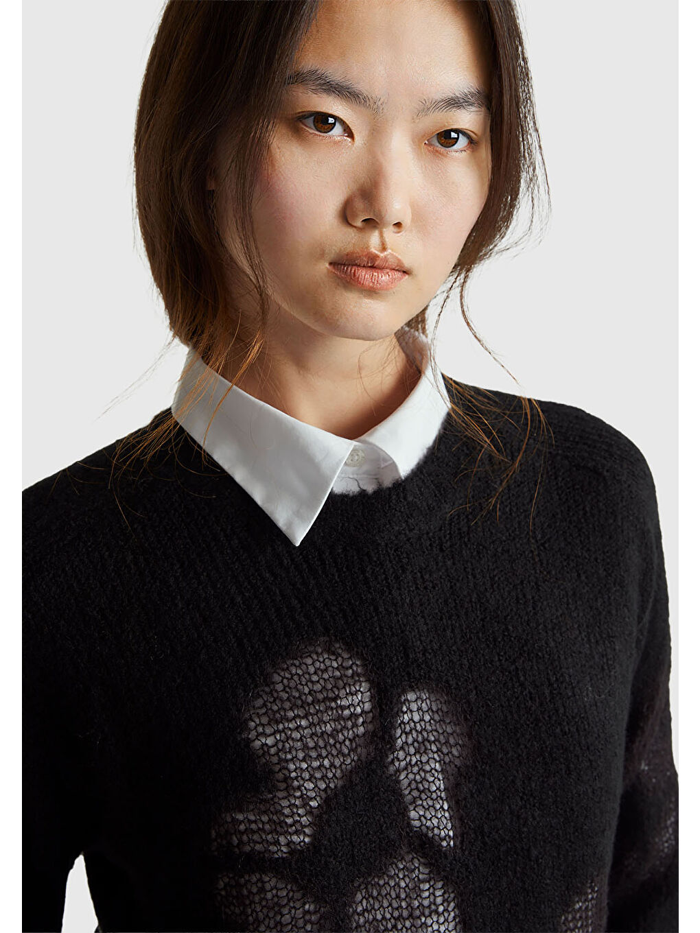 Kadın Siyah Akrilik ve Yün Karışımlı Desenli Bisiklet Yaka Kazak-5