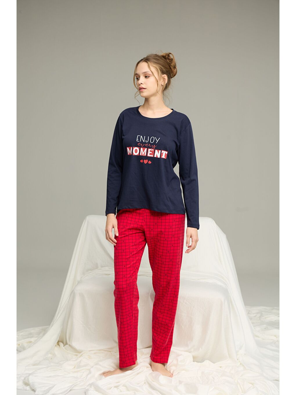 Lacivert Desenli Örme Pamuklu Pijama Takım25240256-1