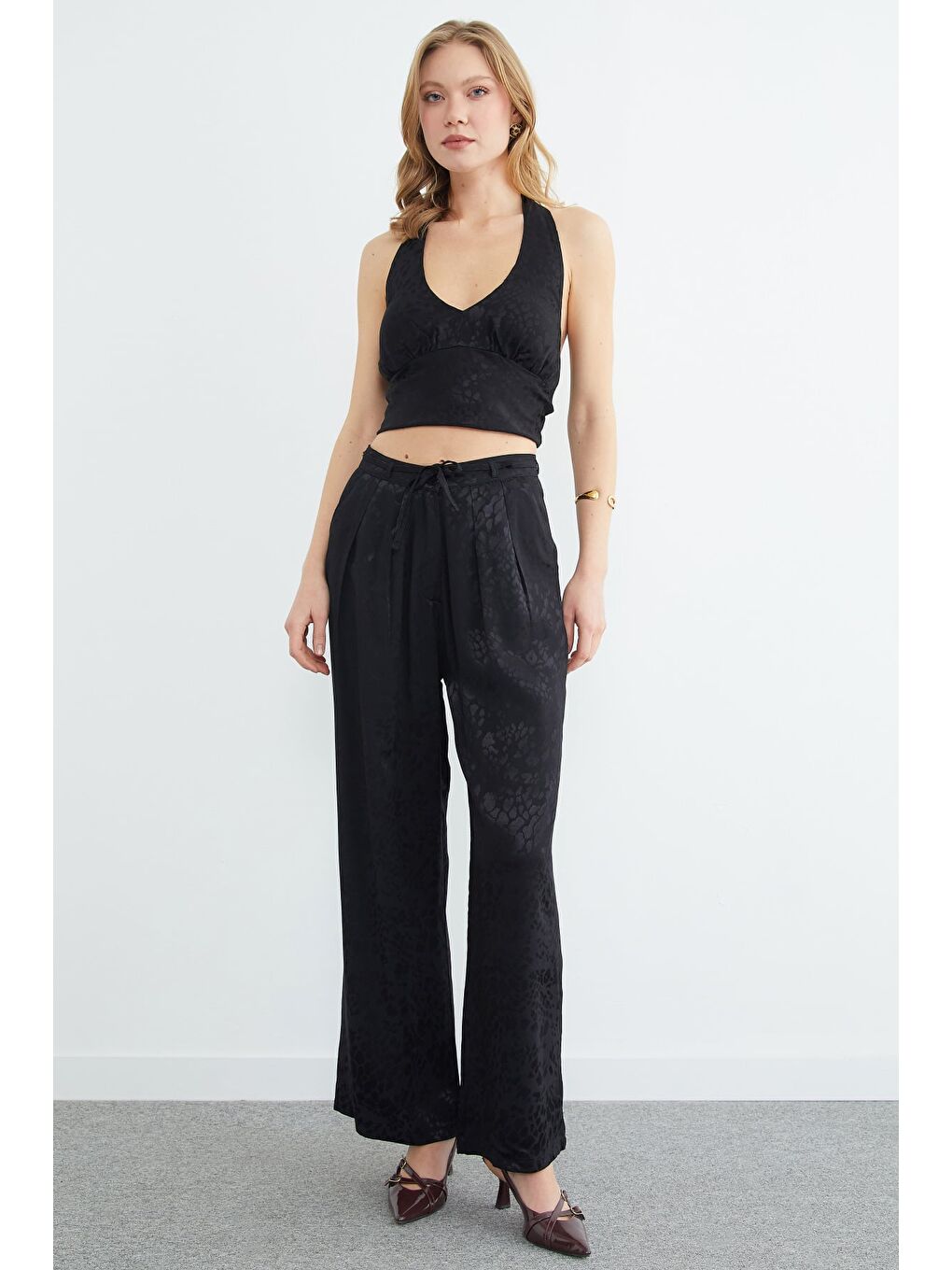 Siyah Leopar Desenli Pileli Palazzo Pantolon-1