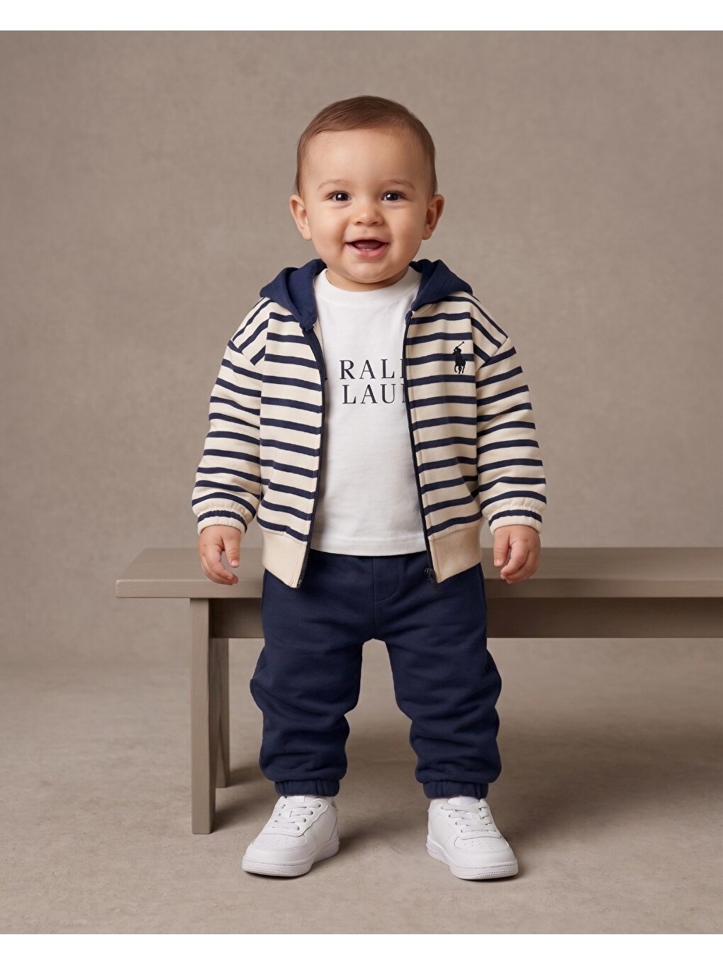 Lacivert Erkek Bebek Kapüşonlu 3'lü Takım Fermuarlı Sweatshirt Eşofman Takımı-1