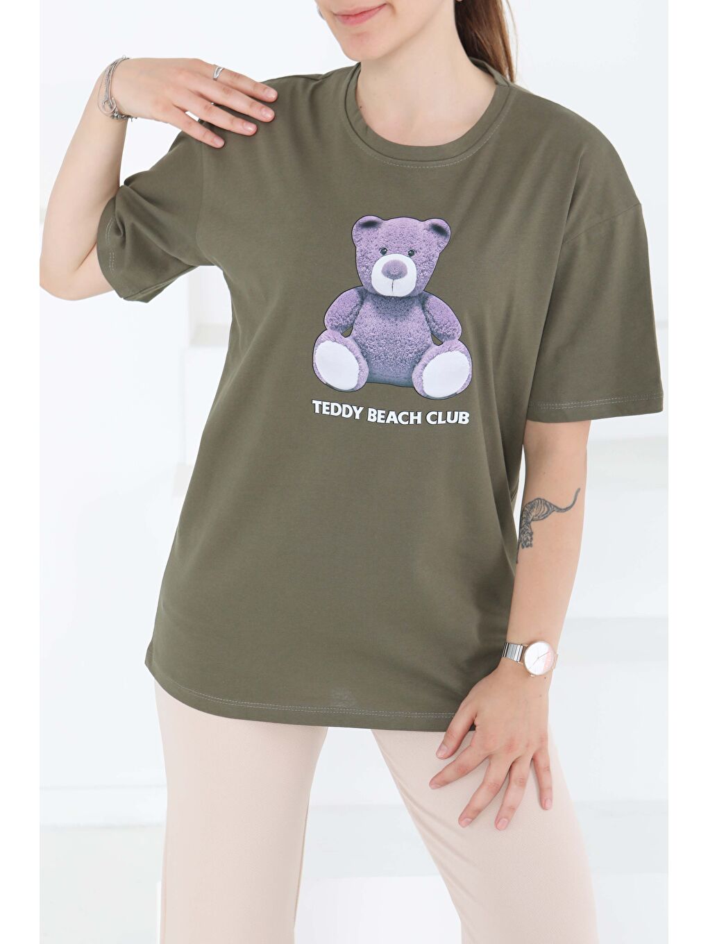 Baskılı Kısa Kollu T-Şhirt Haki - 27347-1