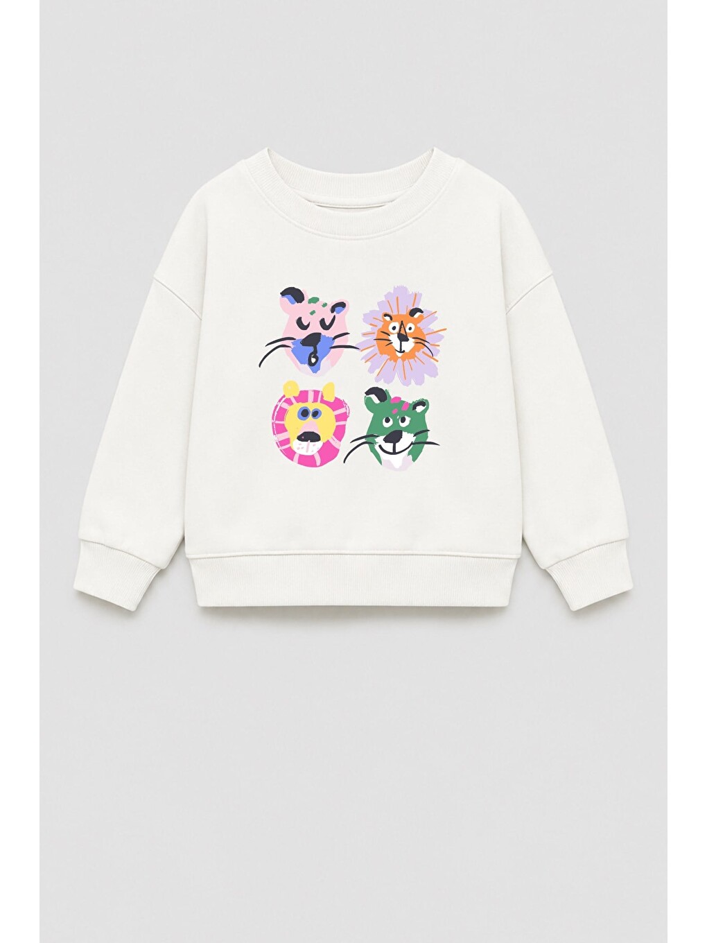 Ekru Kız Çocuk 3 İplik Kumaş Pamuklu Hayvan Baskılı Sweatshirt