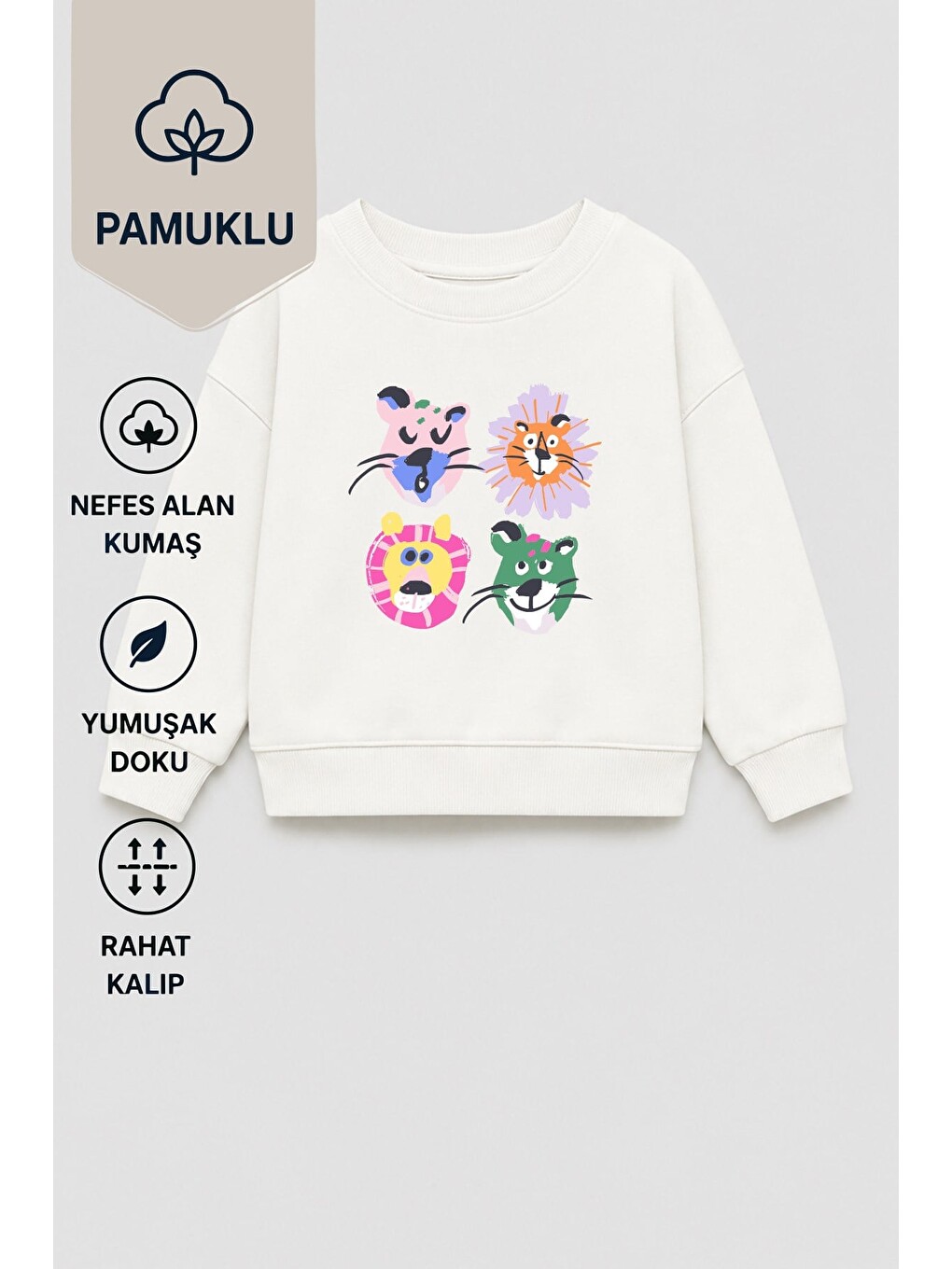 Ekru Kız Çocuk 3 İplik Kumaş Pamuklu Hayvan Baskılı Sweatshirt-1