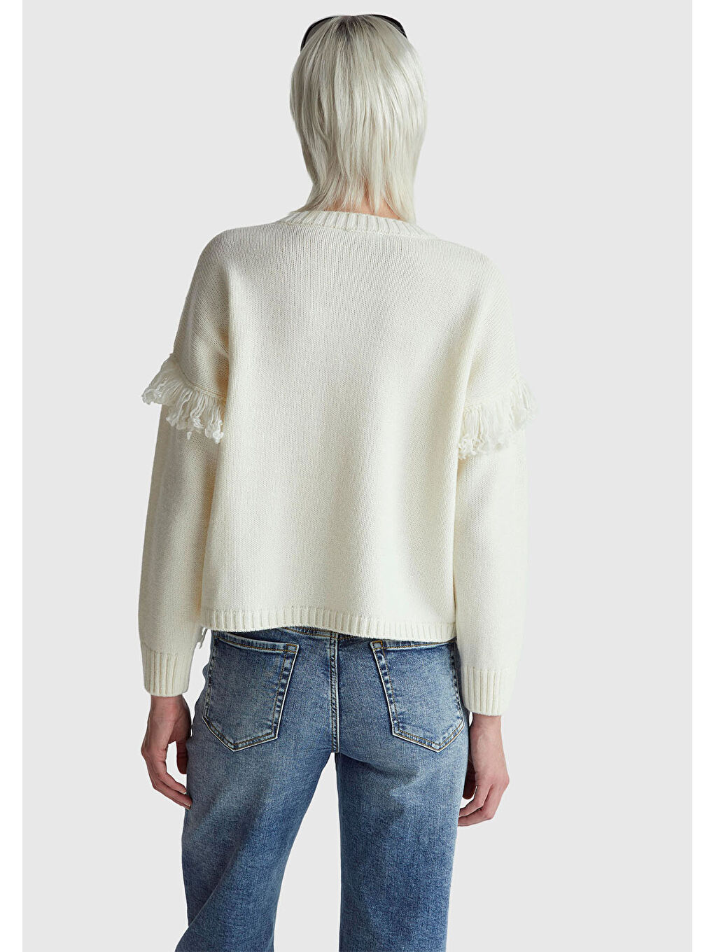 Ekru Kadın Krem Yün ve Akrilik Karışımlı Ribana Detaylı Bisiklet Yaka Kazak-2