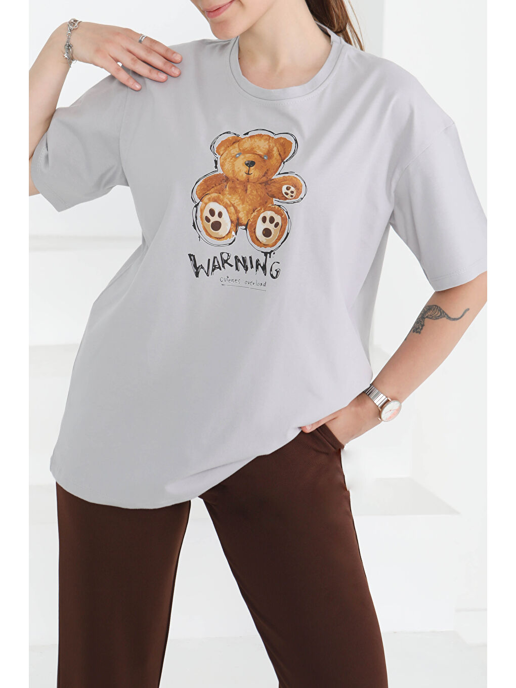 Baskılı Kısa Kollu T-Şhirt Gri - 27350