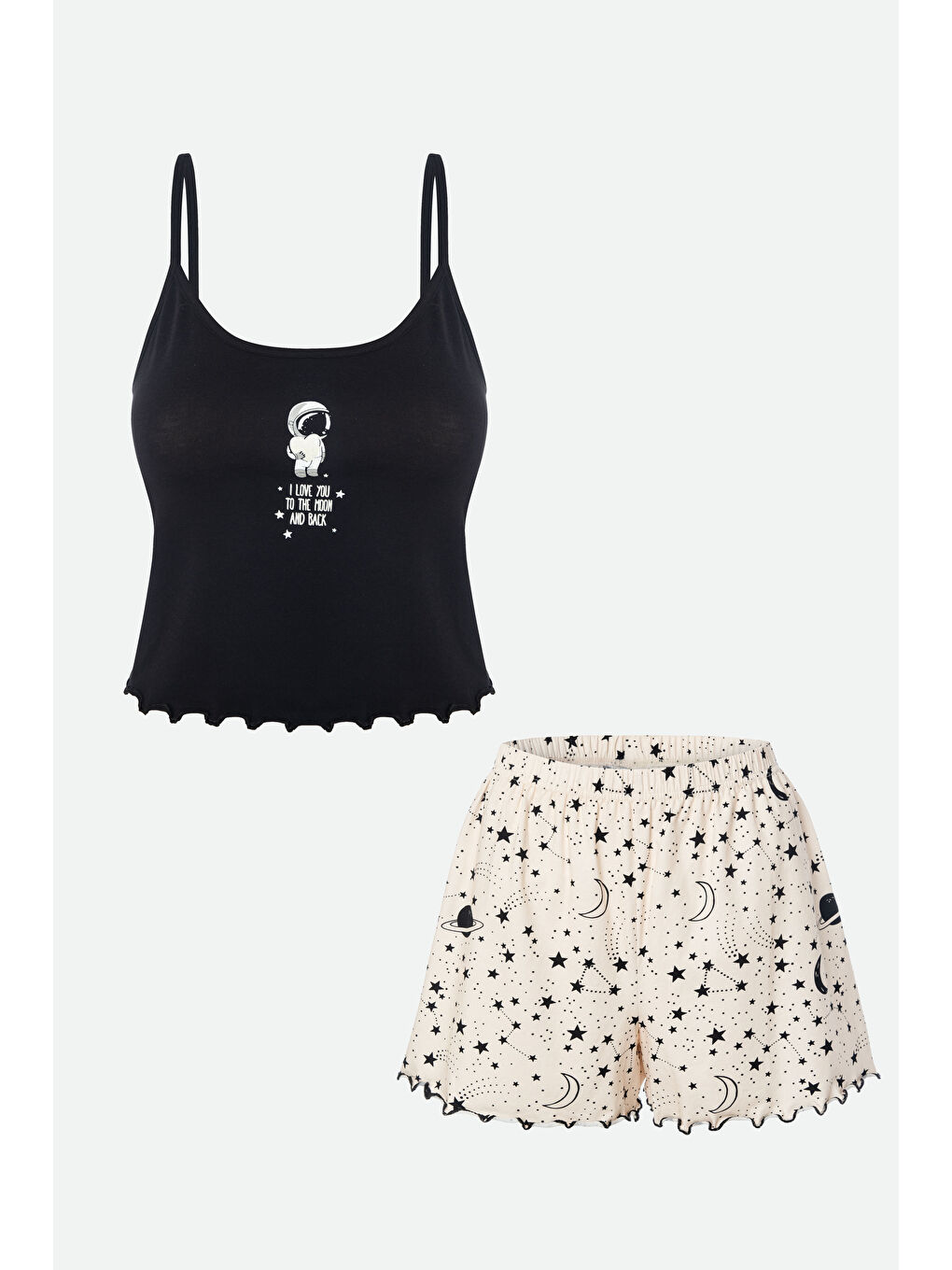 Lila Kadın İnce Askılı Desenli Pamuklu Şortlu Pijama Takımı