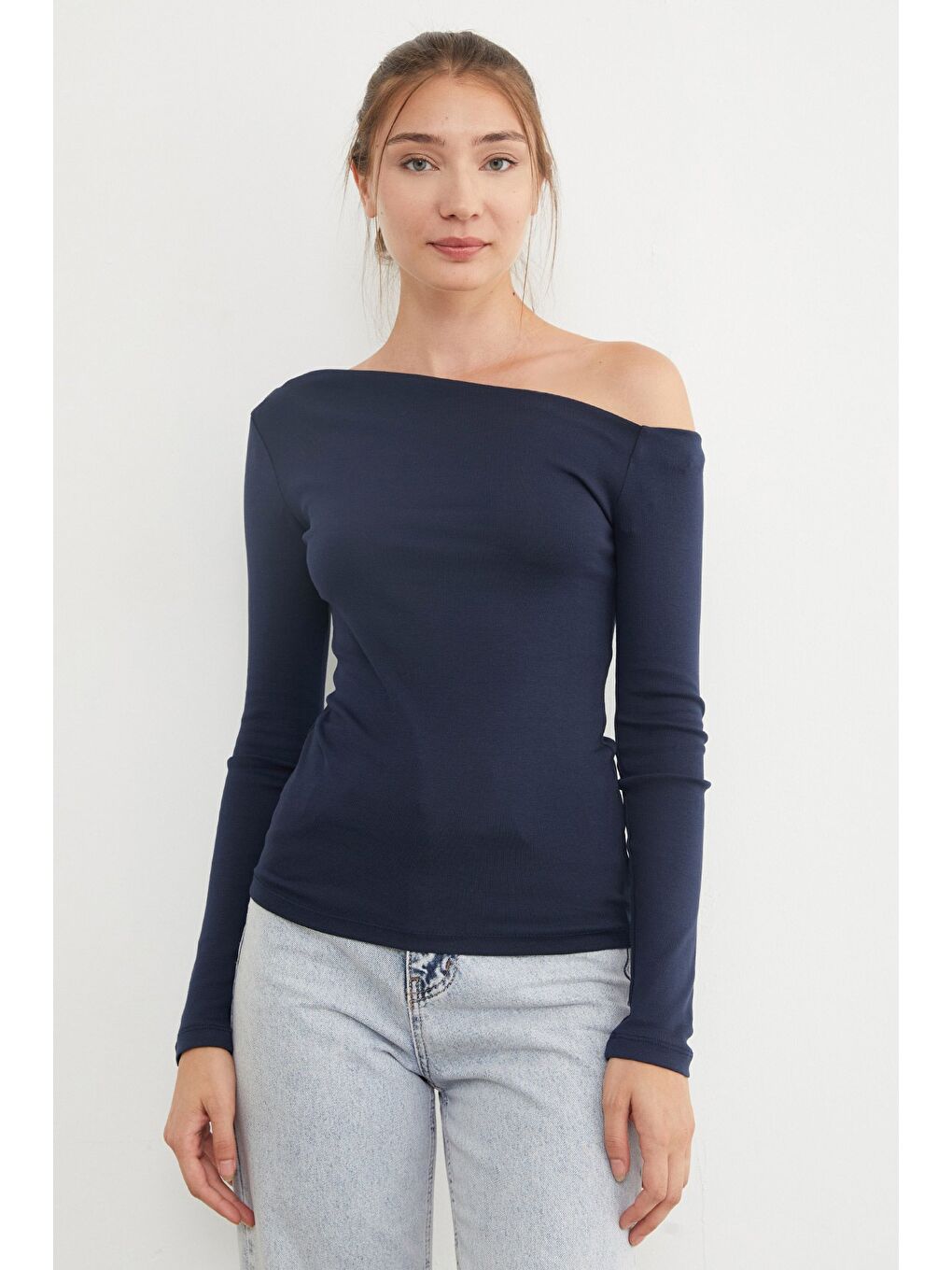 Lacivert Basic Kayık Yaka Modal Bluz-2