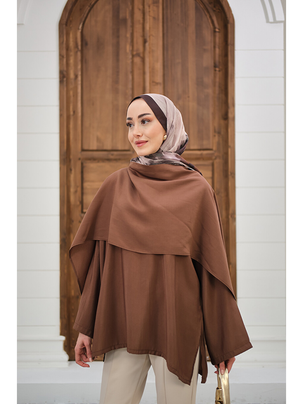 Kadın Şal Detay Bel Bağlamalı Bluz Kahverengi