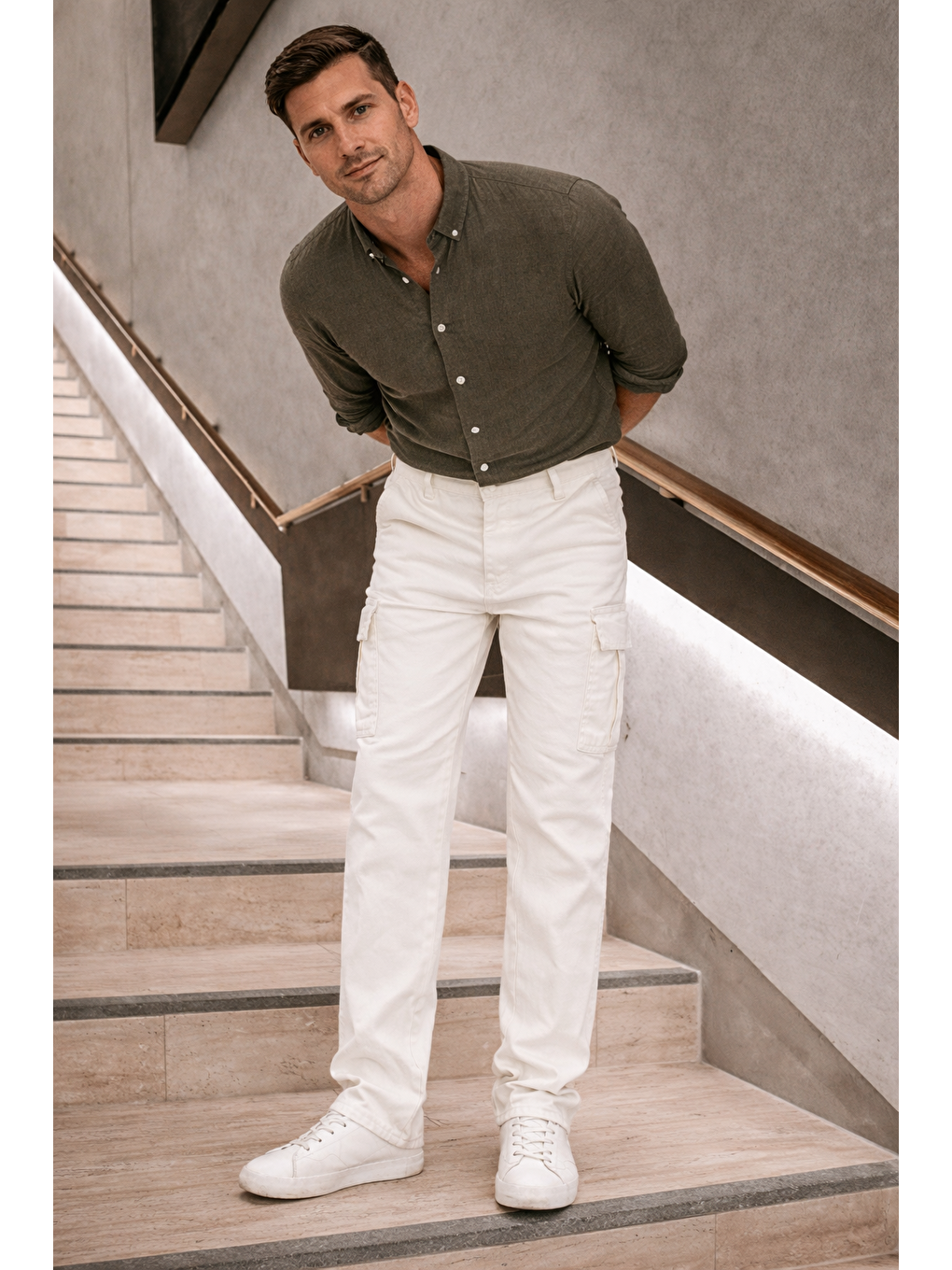 Erkek Yüksek Bel Bol Paça Beyaz Kargo Baggy Pantolon-1