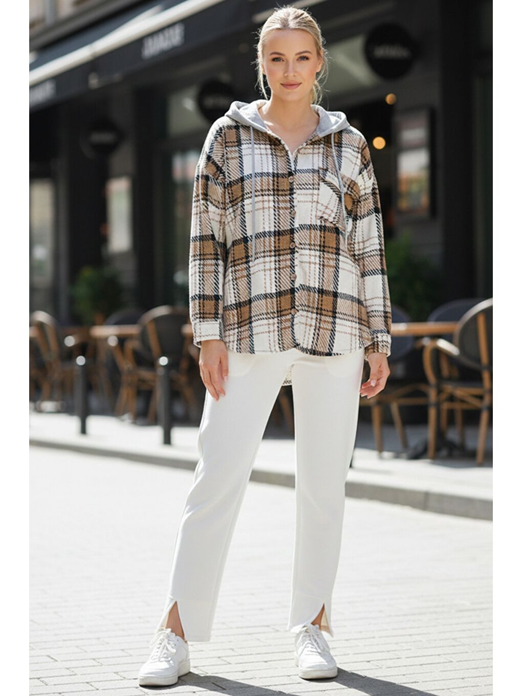 Kahverengi Kahve-Beyaz Kapüşonlu Uzun Kol Oduncu Ekose Düğmeli Cepli Dokuma Gömlek 68 65-3