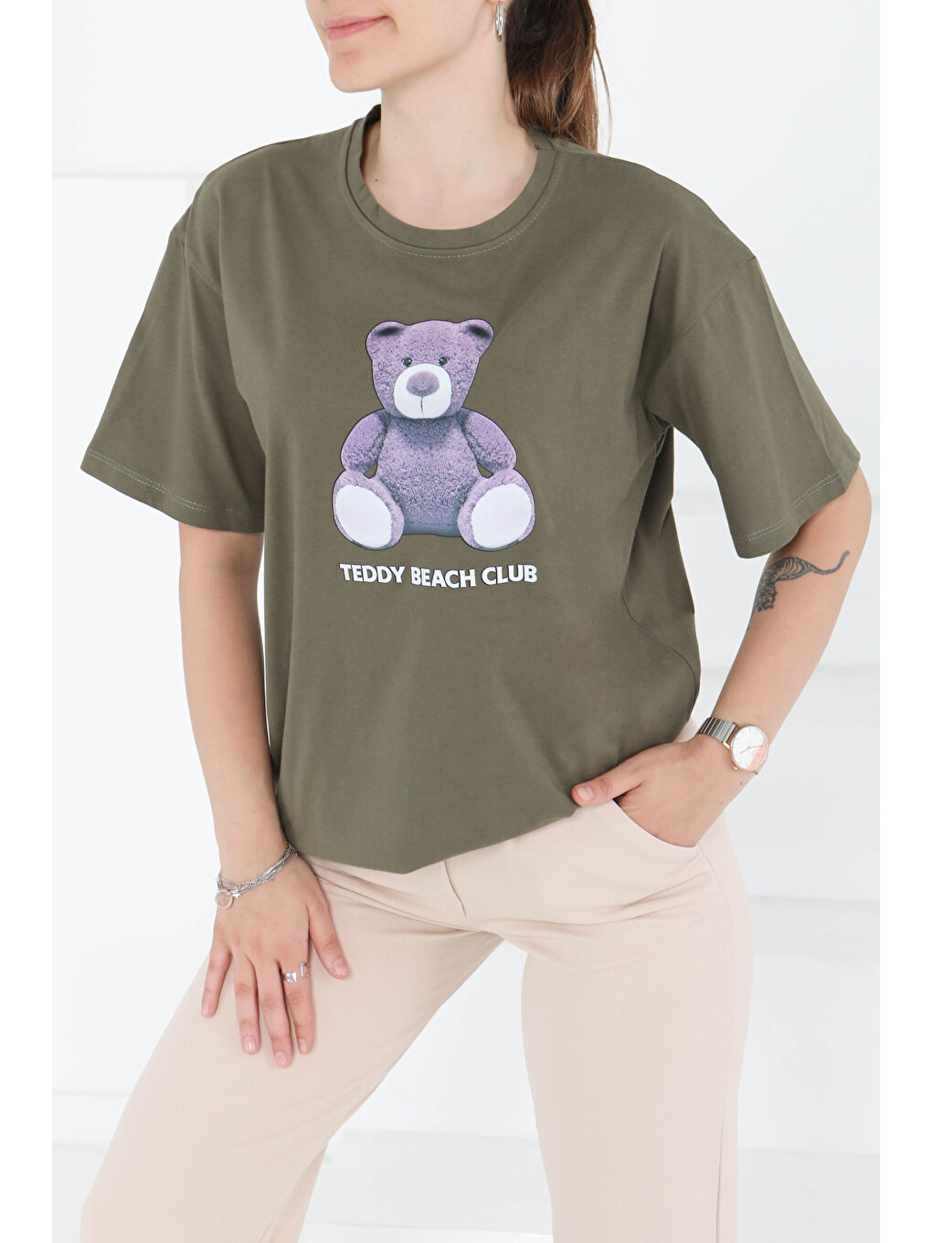 Baskılı Kısa Kollu T-Şhirt Haki - 27347-2