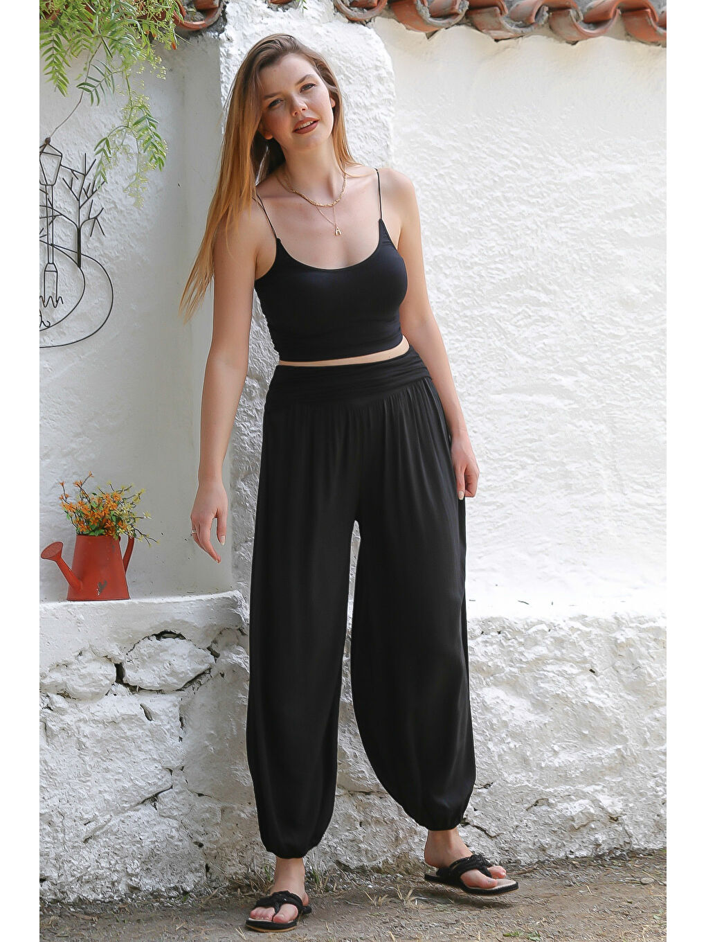 İtalyan Siyah Dokuma Ekstra Yüksek Bel Lastikli Paça Casual Viskon Pantolon-6