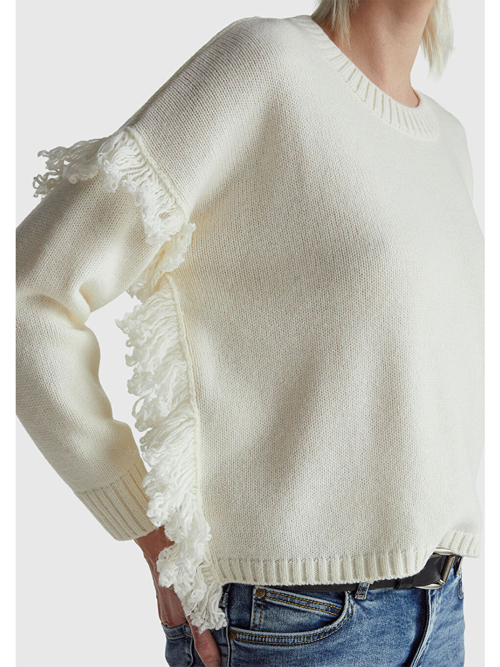 Ekru Kadın Krem Yün ve Akrilik Karışımlı Ribana Detaylı Bisiklet Yaka Kazak-5