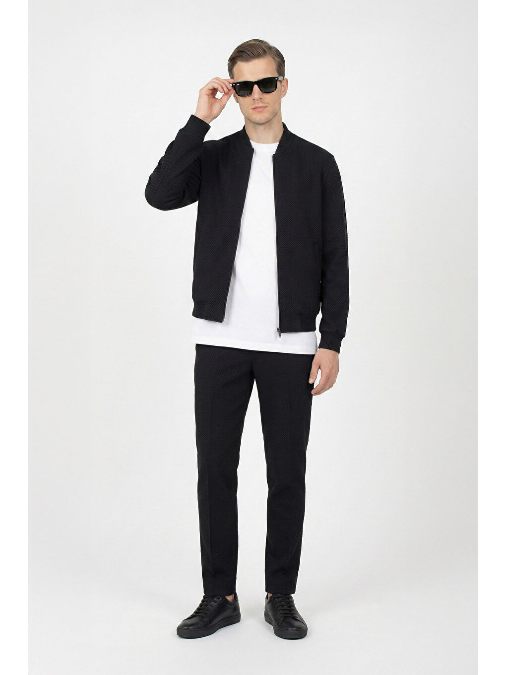 Giotelli Siyah Bomber Stil Armürlü Slim Fit Triko Yaka Fermuarlı 6 Drop Erkek Takım Elbise