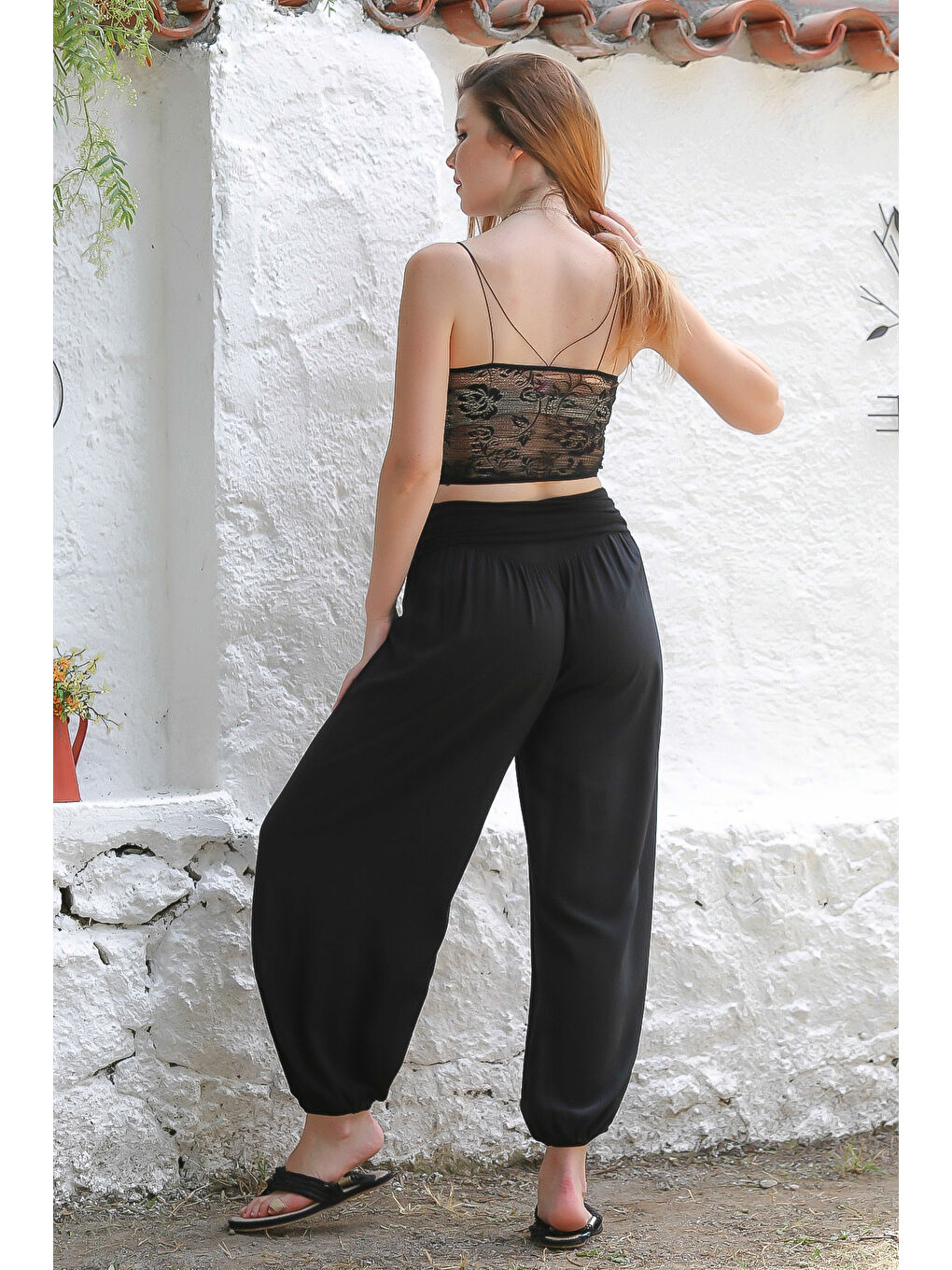 İtalyan Siyah Dokuma Ekstra Yüksek Bel Lastikli Paça Casual Viskon Pantolon-7