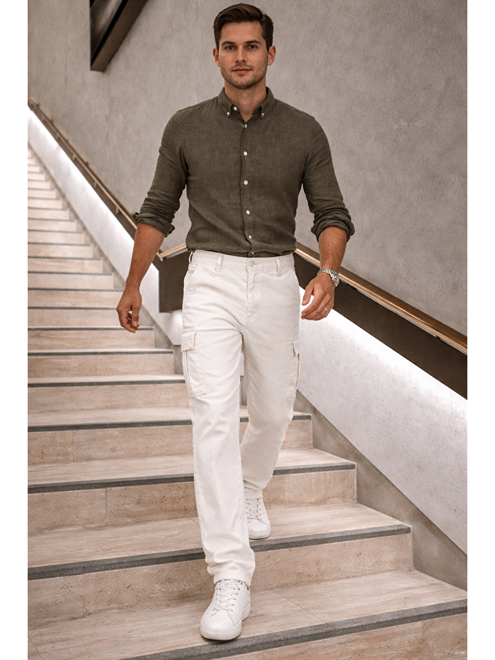 Erkek Yüksek Bel Bol Paça Beyaz Kargo Baggy Pantolon-2