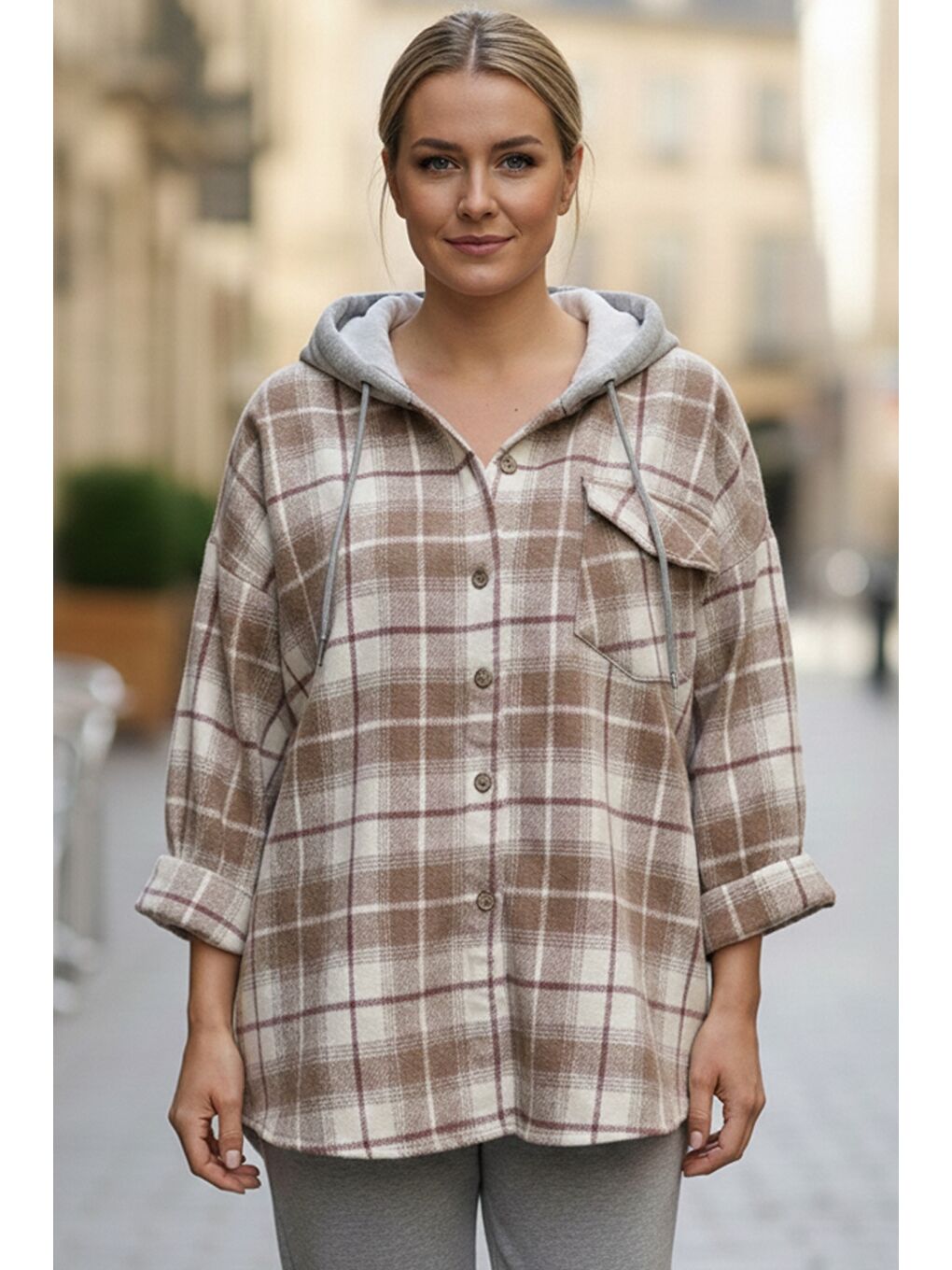 Sütlü Kahverengi Kapüşonlu Uzun Kol Oduncu Ekose Düğmeli Cepli Dokuma Gömlek 68 65-1