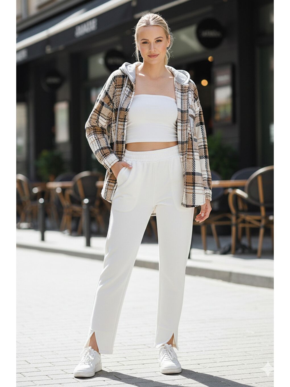 Kahverengi Kahve-Beyaz Kapüşonlu Uzun Kol Oduncu Ekose Düğmeli Cepli Dokuma Gömlek 68 65-4