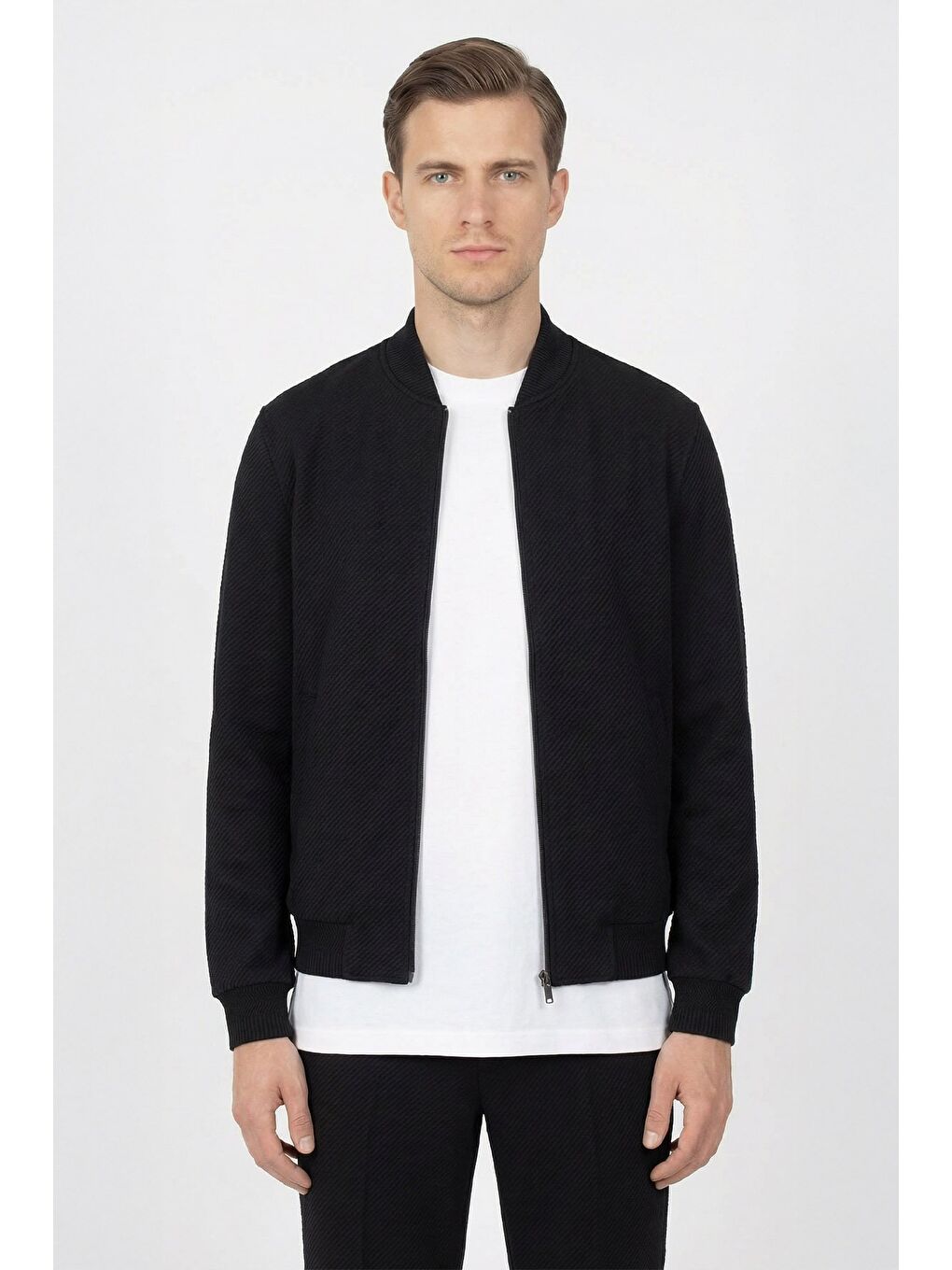 Giotelli Siyah Bomber Stil Armürlü Slim Fit Triko Yaka Fermuarlı 6 Drop Erkek Takım Elbise-1