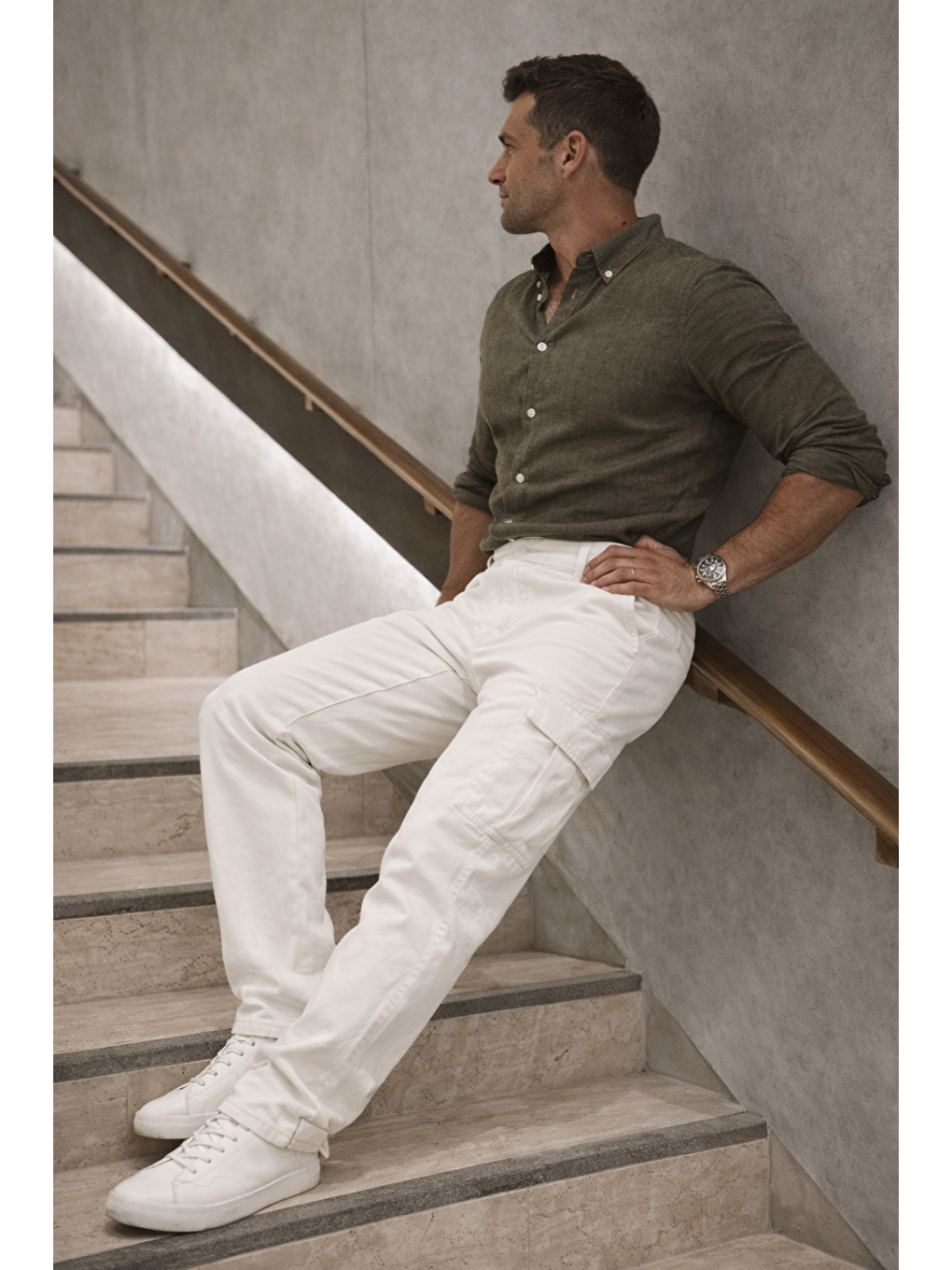 Erkek Yüksek Bel Bol Paça Beyaz Kargo Baggy Pantolon-3