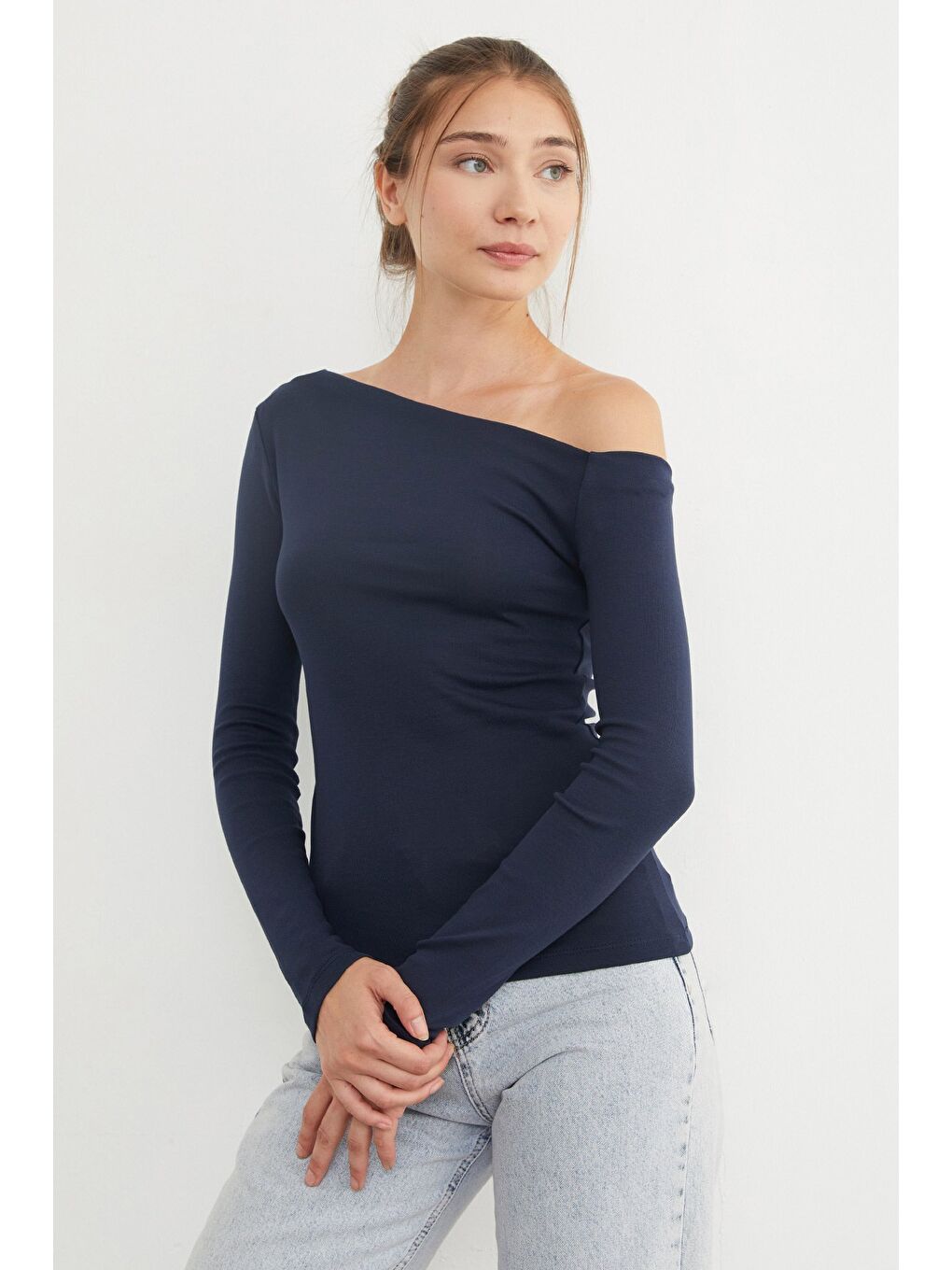 Lacivert Basic Kayık Yaka Modal Bluz-4