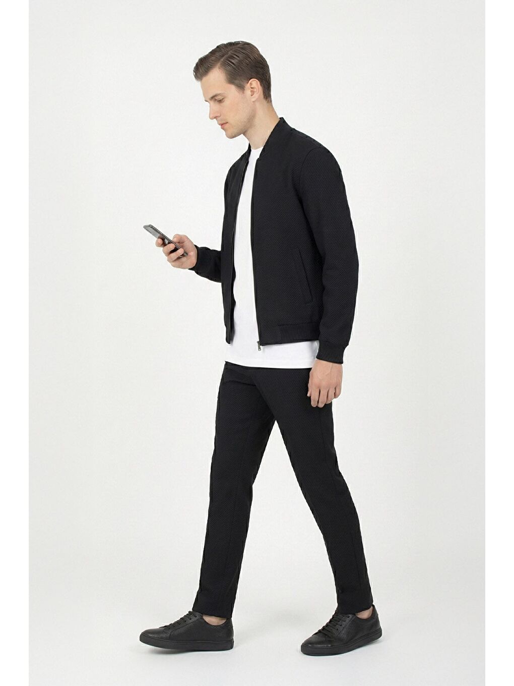 Giotelli Siyah Bomber Stil Armürlü Slim Fit Triko Yaka Fermuarlı 6 Drop Erkek Takım Elbise-2