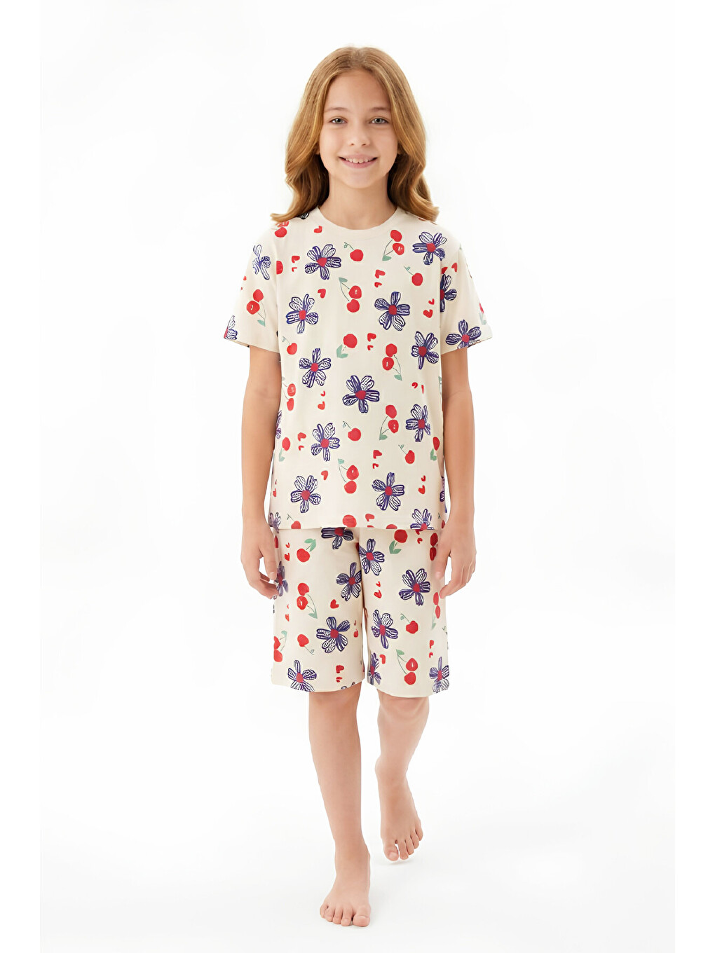 Ekru Kız Çocuk %100 Pamuk Pijama Takımı 8-13 Yaş 12697IS-1