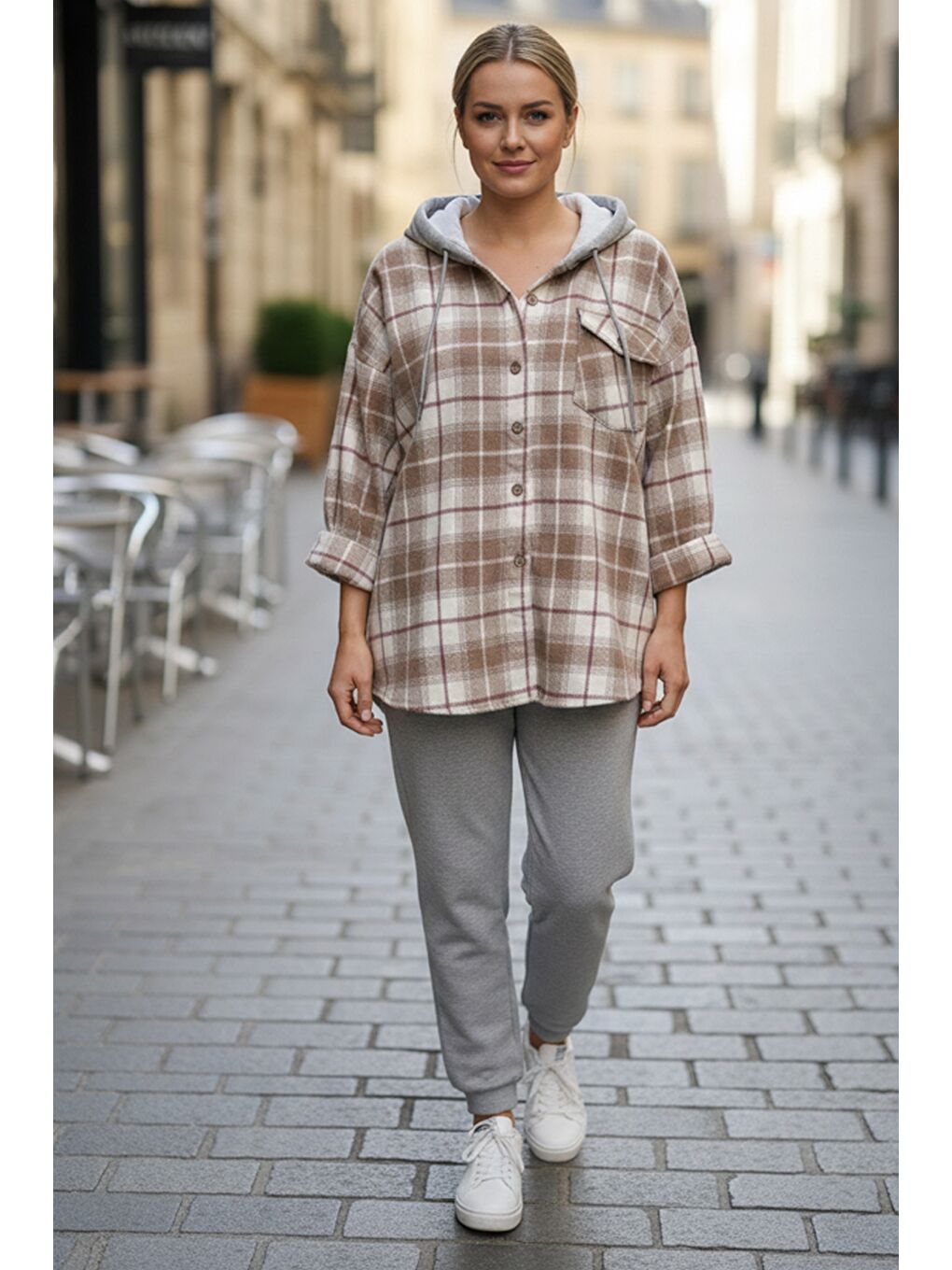 Sütlü Kahverengi Kapüşonlu Uzun Kol Oduncu Ekose Düğmeli Cepli Dokuma Gömlek 68 65-2