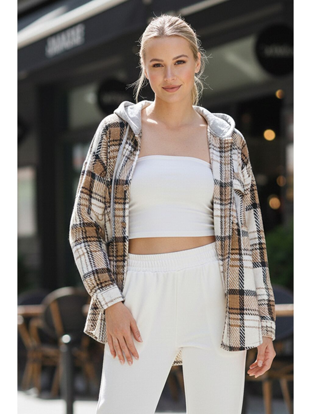 Kahverengi Kahve-Beyaz Kapüşonlu Uzun Kol Oduncu Ekose Düğmeli Cepli Dokuma Gömlek 68 65-5