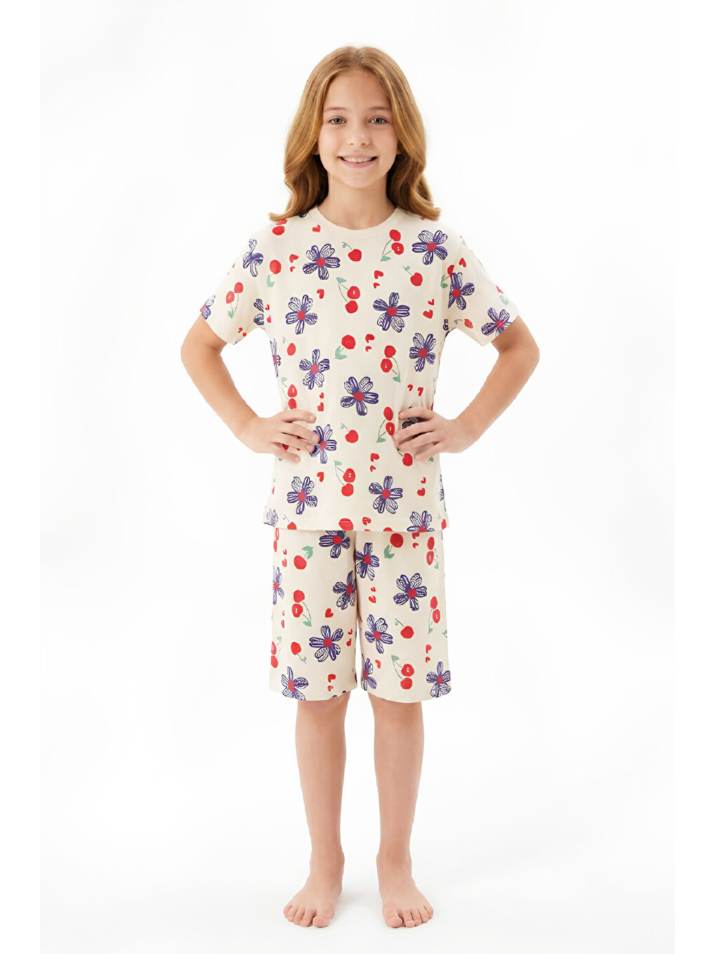 Ekru Kız Çocuk %100 Pamuk Pijama Takımı 8-13 Yaş 12697IS-2
