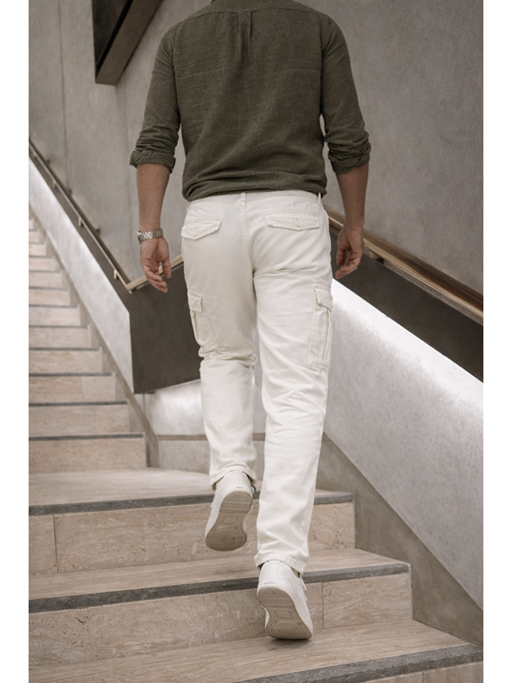 Erkek Yüksek Bel Bol Paça Beyaz Kargo Baggy Pantolon-5