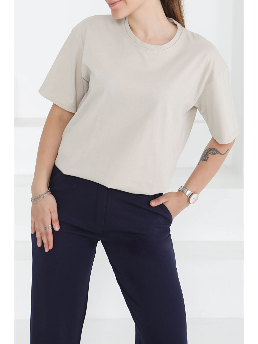 Bej Kısa Kollu T-Şhirt Taş - 27346