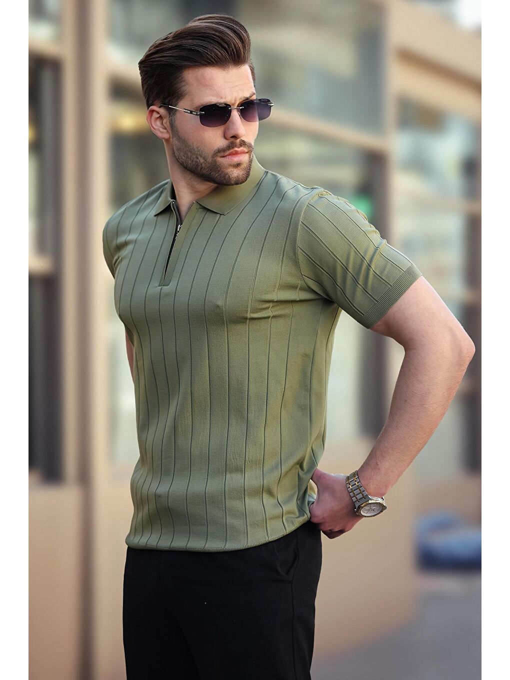 Haki Polo Yaka Fermuarlı Erkek T-Shirt E7298