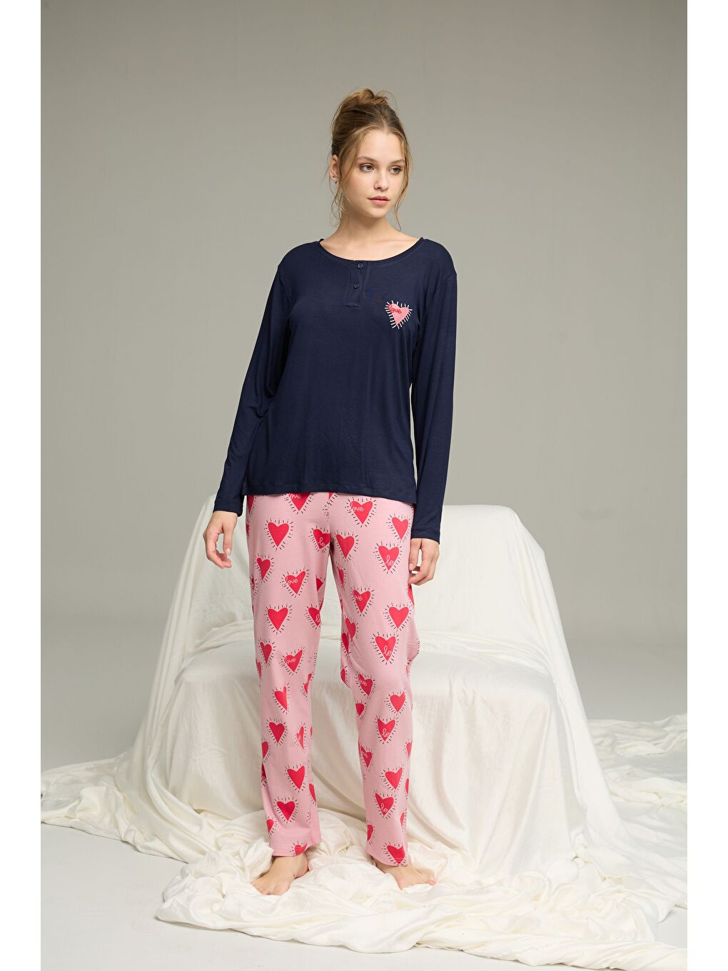 Lacivert Desenli Örme Pamuklu Pijama Takım25240258-1