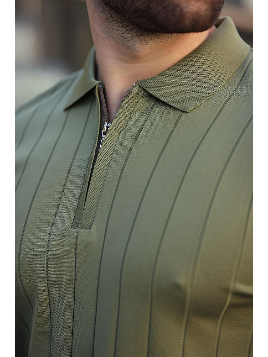 Haki Polo Yaka Fermuarlı Erkek T-Shirt E7298-1