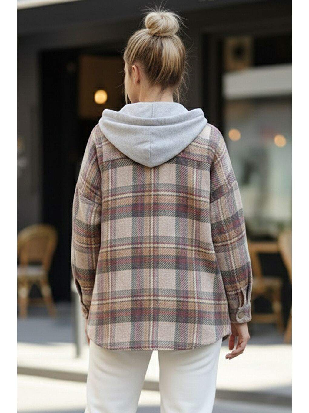 Bej-Kahve Çizgili Kapüşonlu Uzun Kol Oduncu Ekose Düğmeli Cepli Dokuma Gömlek 68 65-2