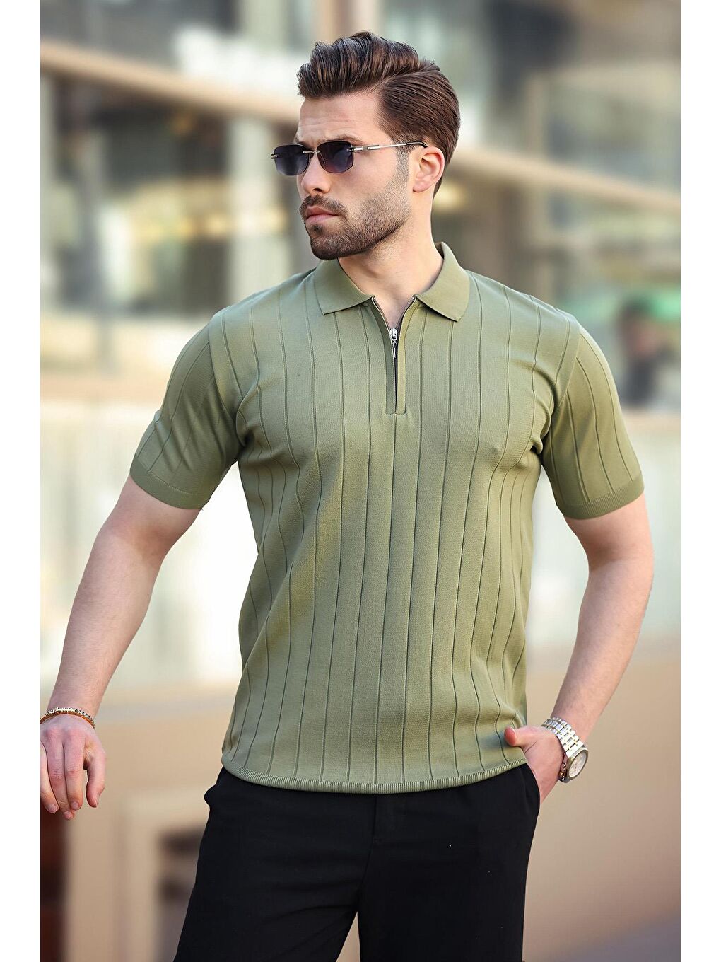 Haki Polo Yaka Fermuarlı Erkek T-Shirt E7298-2