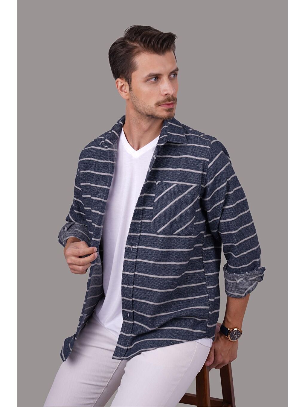 Mavi Beyaz Çizgili Oversize %100 Pamuk Erkek Oduncu Gömlek-1