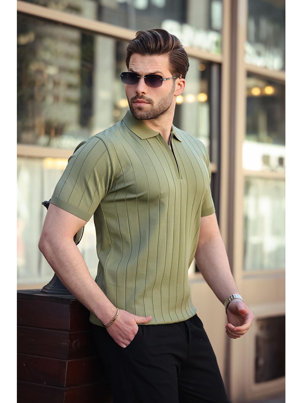 Haki Polo Yaka Fermuarlı Erkek T-Shirt E7298-3