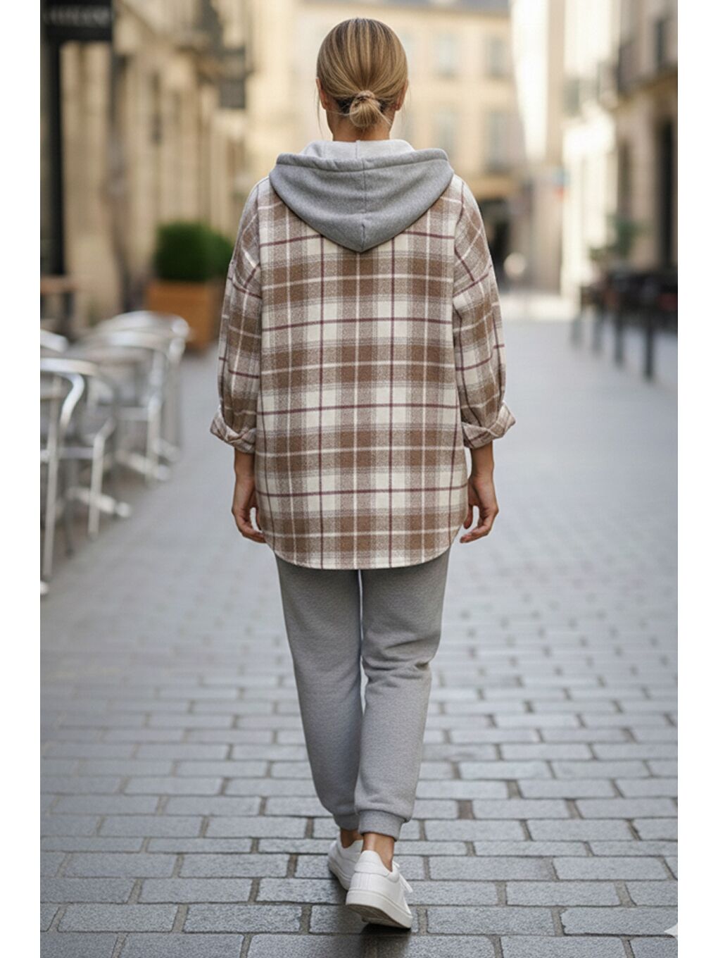 Sütlü Kahverengi Kapüşonlu Uzun Kol Oduncu Ekose Düğmeli Cepli Dokuma Gömlek 68 65-5