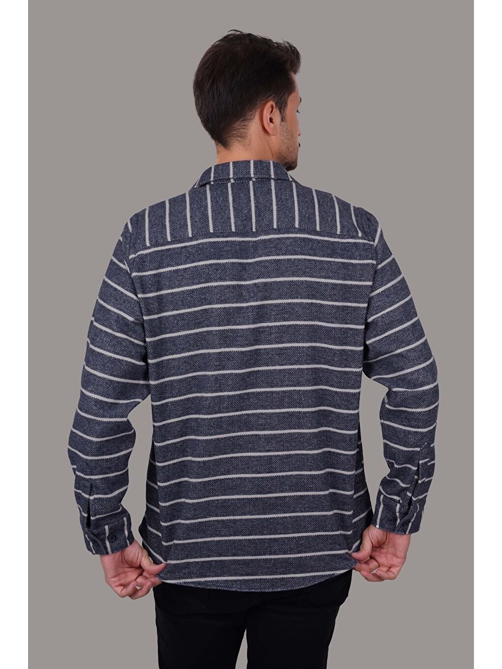 Mavi Beyaz Çizgili Oversize %100 Pamuk Erkek Oduncu Gömlek-6