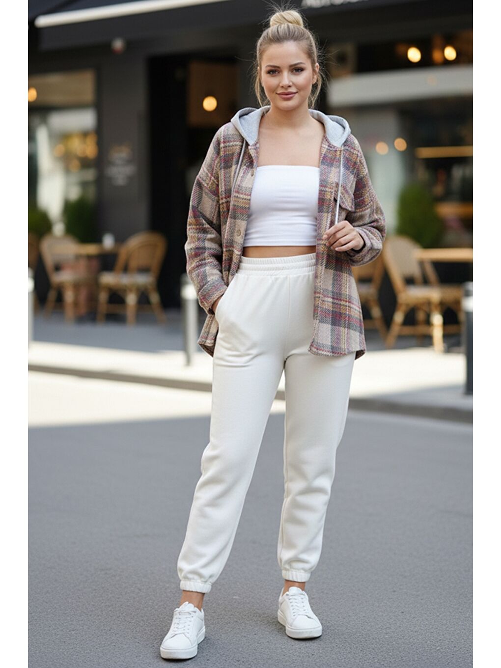 Bej-Kahve Çizgili Kapüşonlu Uzun Kol Oduncu Ekose Düğmeli Cepli Dokuma Gömlek 68 65-4