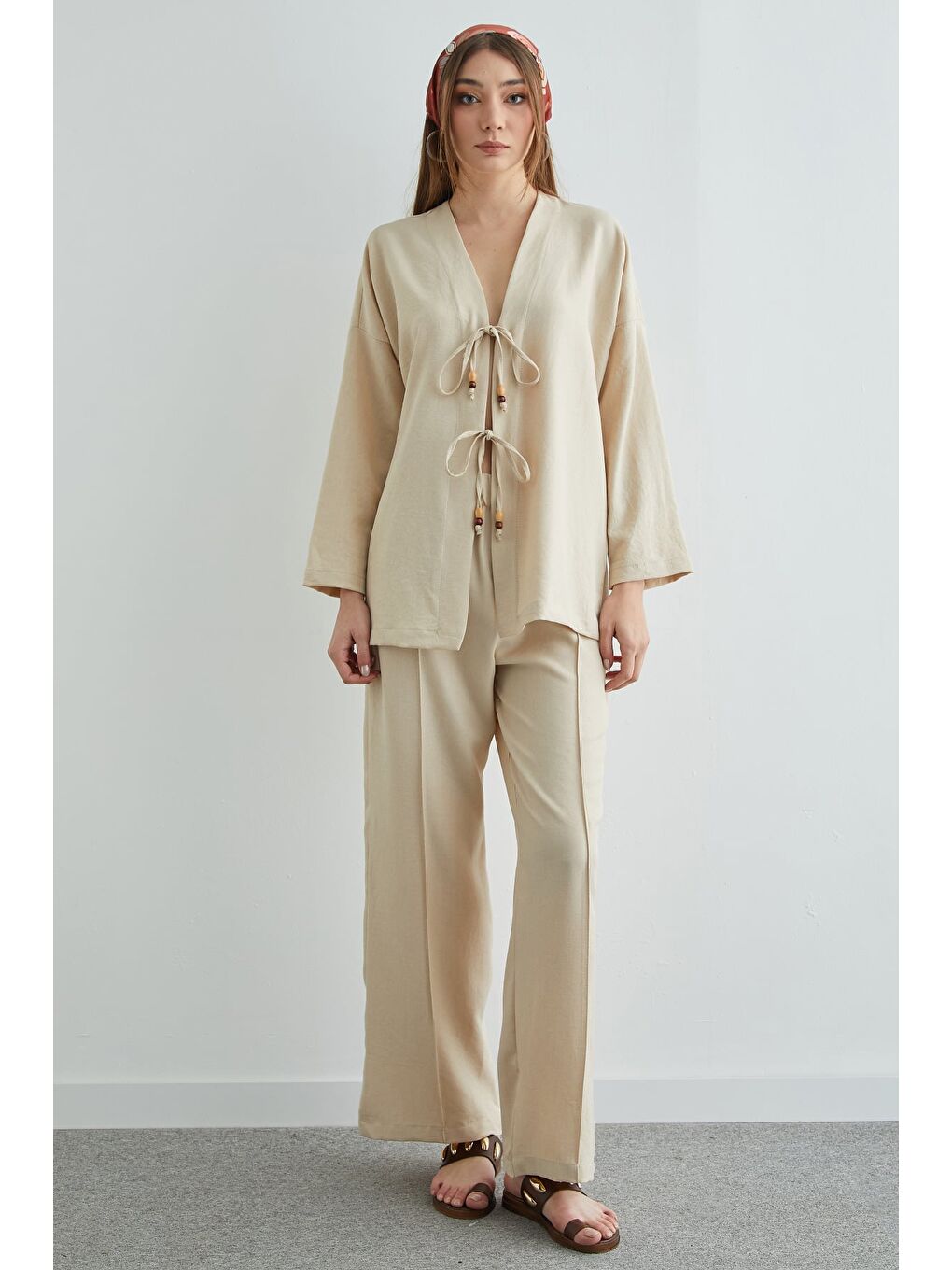 Bej Önü Bağlamalı Keten Kimono 2 Li Takım-2