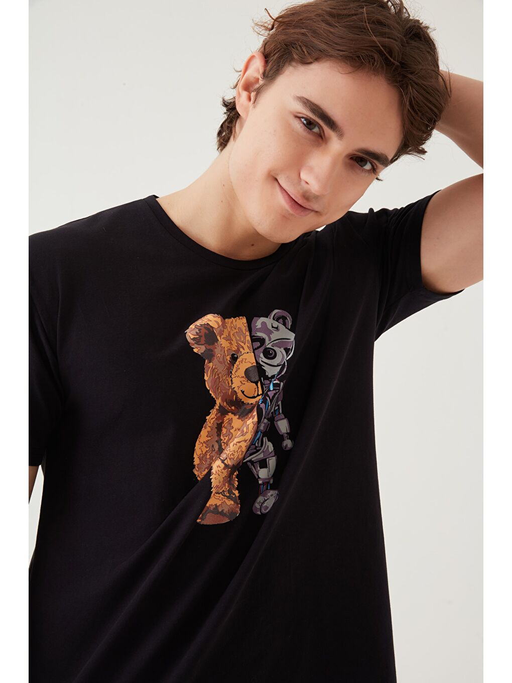 Kahverengi Erkek Pamuklu Kısa Kollu Üst Robot Baskılı Cep Detaylı %100 Pamuk Pijama Takımı-3