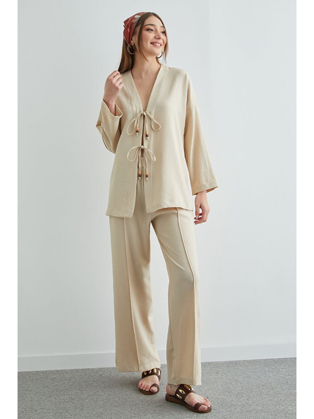 Bej Önü Bağlamalı Keten Kimono 2 Li Takım-3