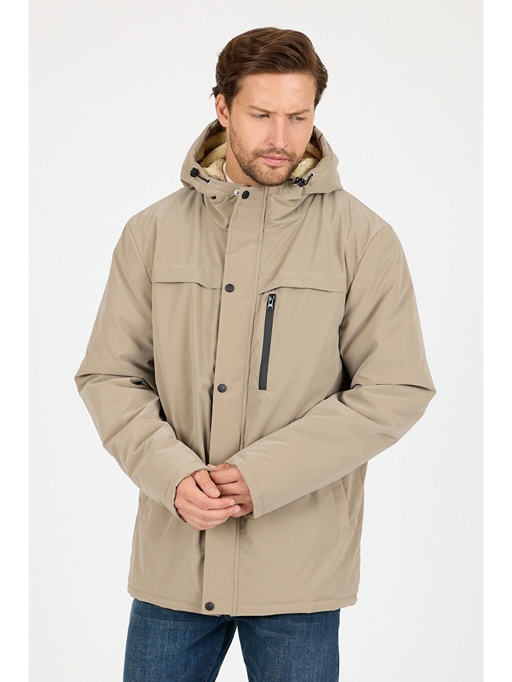 Bej Vibes x Avmteks Kürklü Kapüşon Detaylı Mont 005-2