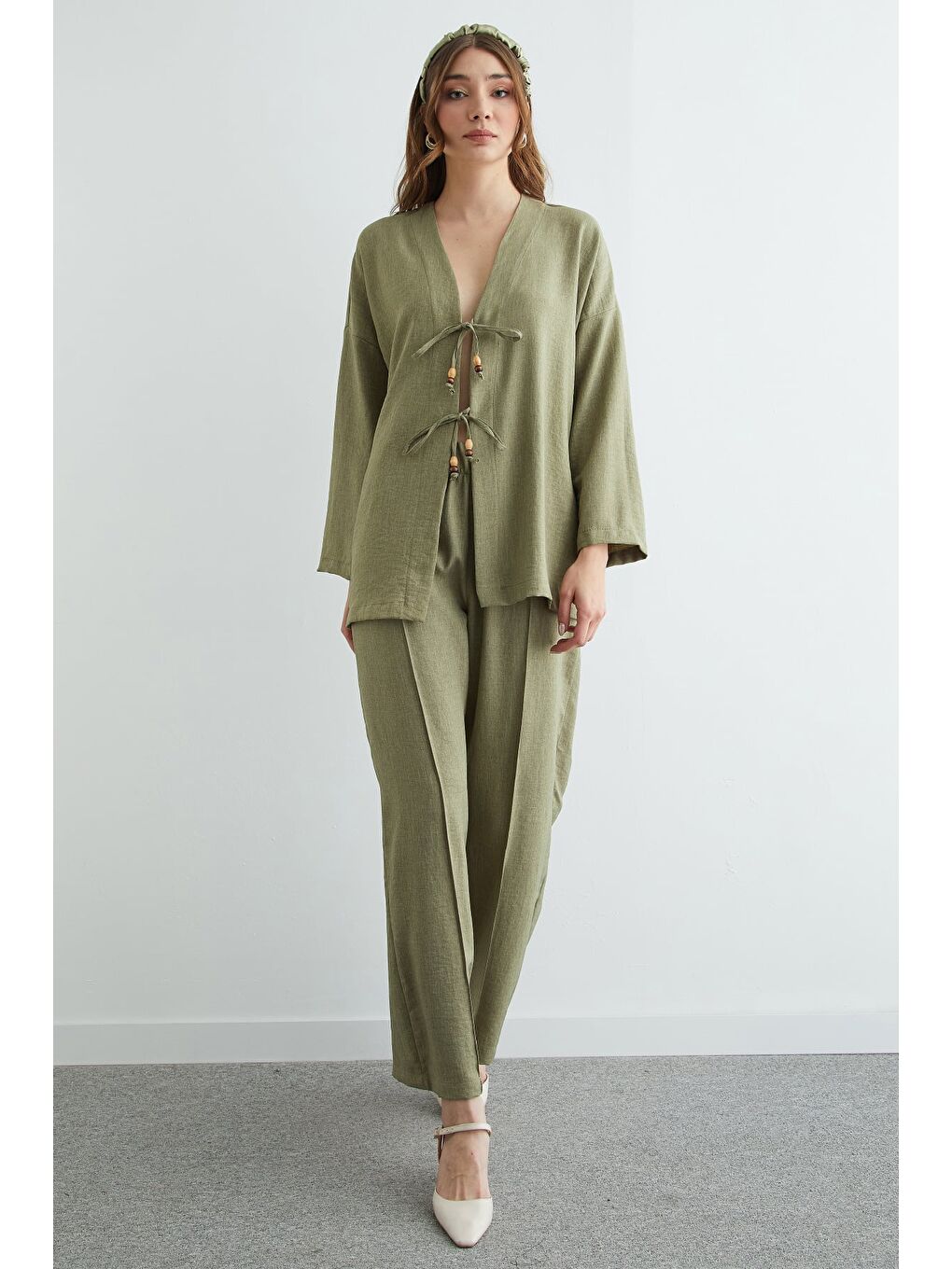 Yeşil Önü Bağlamalı Keten Kimono 2 Li Takım-1