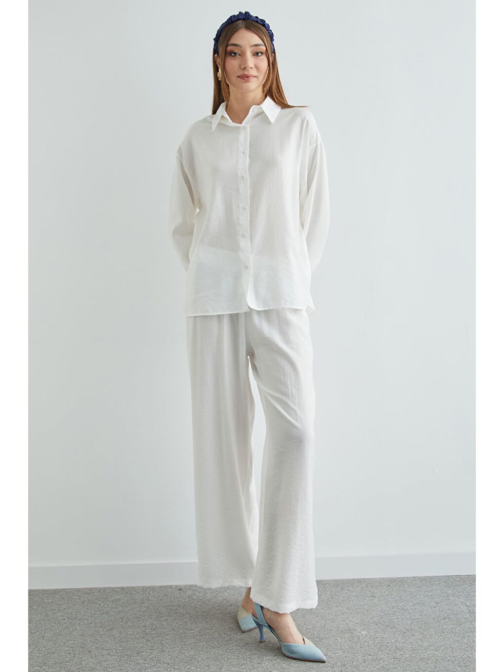 Beyaz Basic Düğmeli Salaş Krinkıl 2 Li Takım