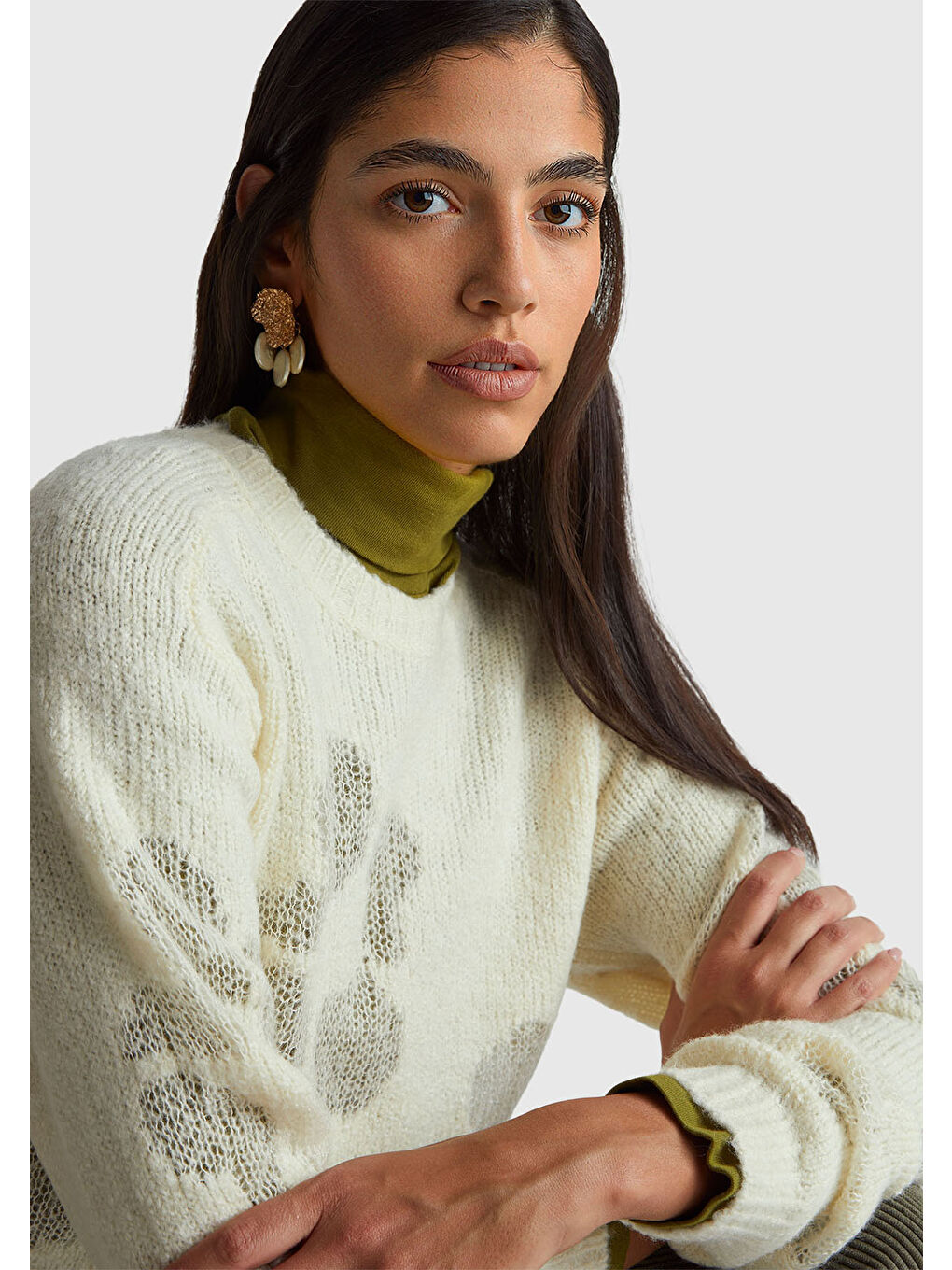 Ekru Kadın Krem Akrilik ve Yün Karışımlı Desenli Bisiklet Yaka Kazak-5